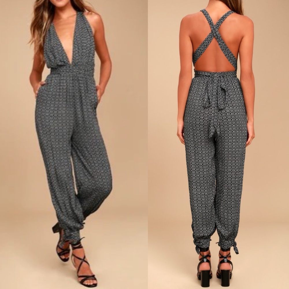Lulu's Gray Patterned Jumpsuit